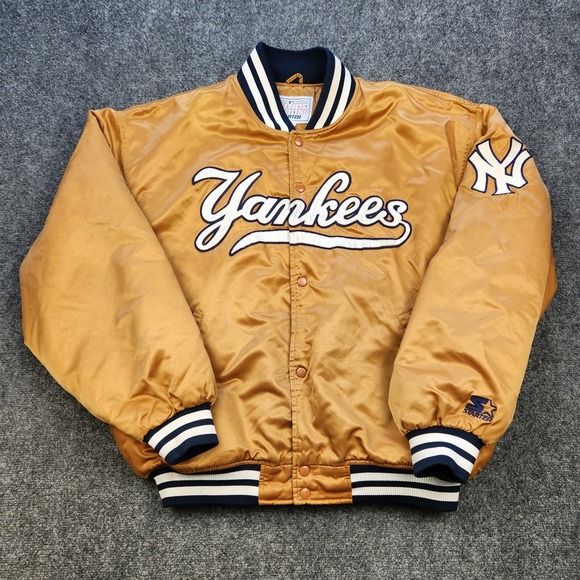 Vintage STARTER New York Yankees Jacket‎ Mens 2XL MLB Satin Bomber Yellow Gold.